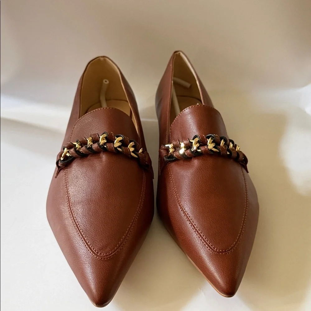 Elegant Brown Leather Loafers with Gold Accent Chain Across Front - Picture 1 of 6